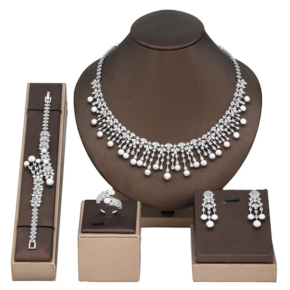 Luxury Pearl Tassel Choker Cubic Zirconia Necklace Earrings Bracelet Ring Elegant Bridal Women Charm Wedding Party Jewelry Set