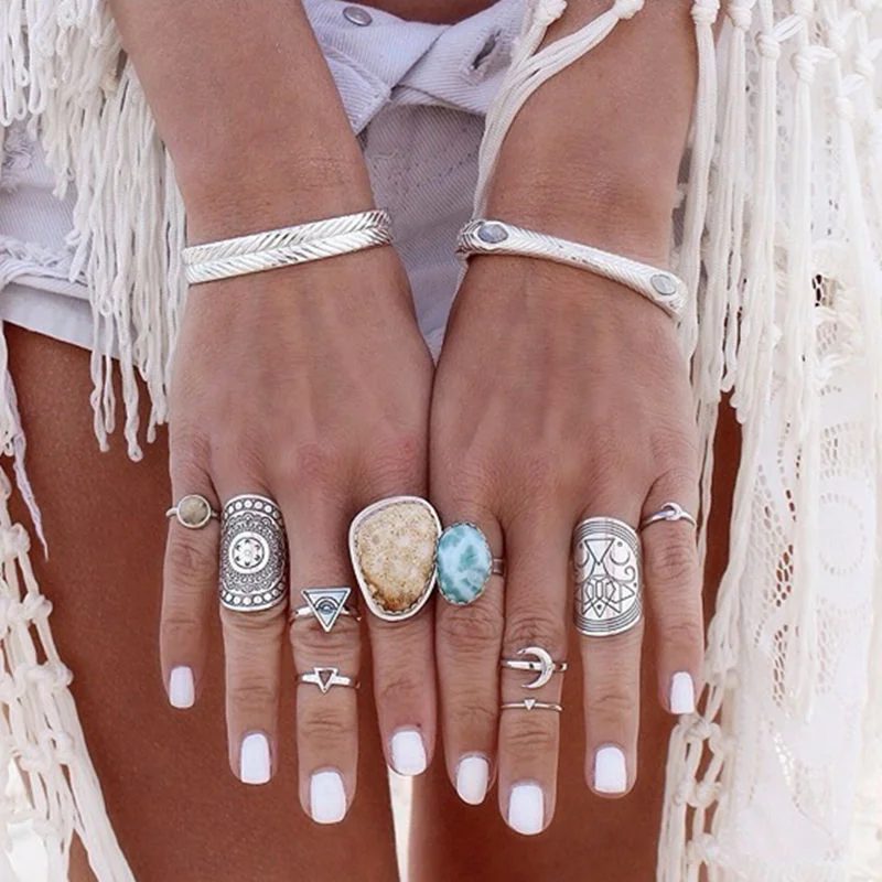 4Pcs Vintage Rings Ethnic Carved Silver Plated Boho Midi Finger Phalanx Ring Set Knuckle Turkish Jewelry Gypsy