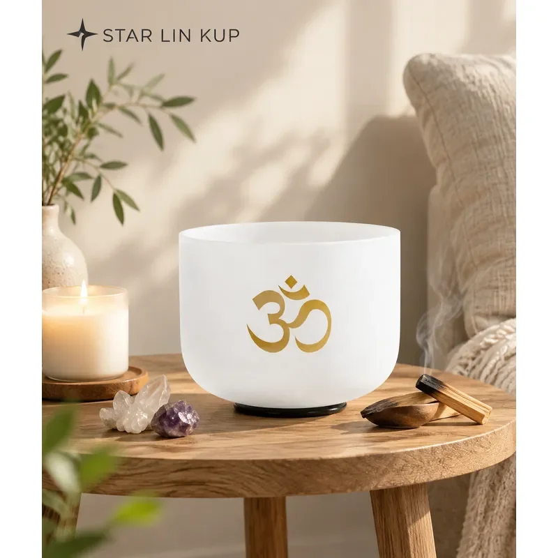 STAR LIN KUP 8 Inch OM Frosted Quartz Crystal Singing Bowl for Sound Healing Meditation Yoga Chakra Balance with Mallet