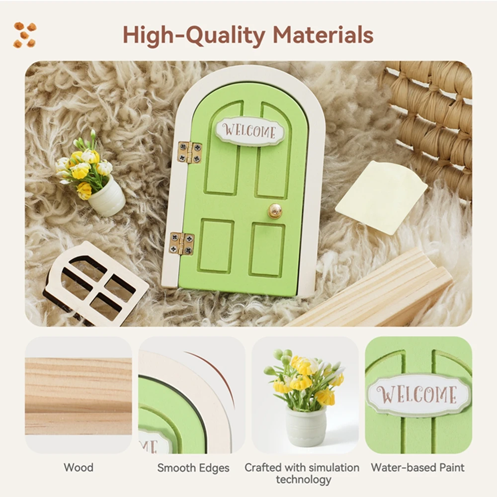Wooden Elf Door Set Cartoon Room Decor Dollhouse Character Stickers Fairytale-Style Balcony Decor Hanging Ornaments Gift