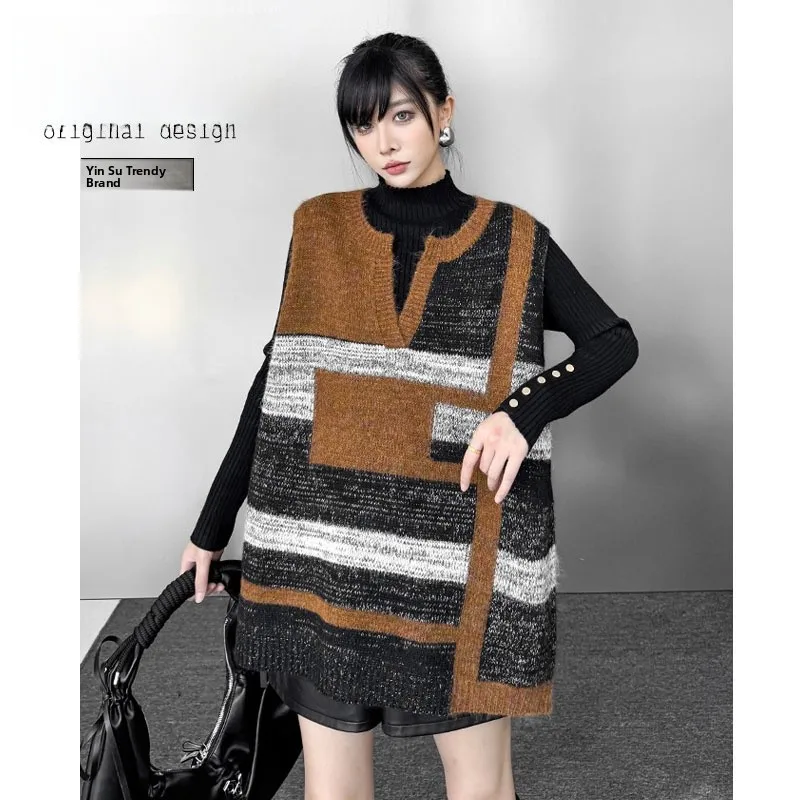 

Женский вязаный жилет Color Blo: свободный, уютный, мягкий, модный, в уличном стиле