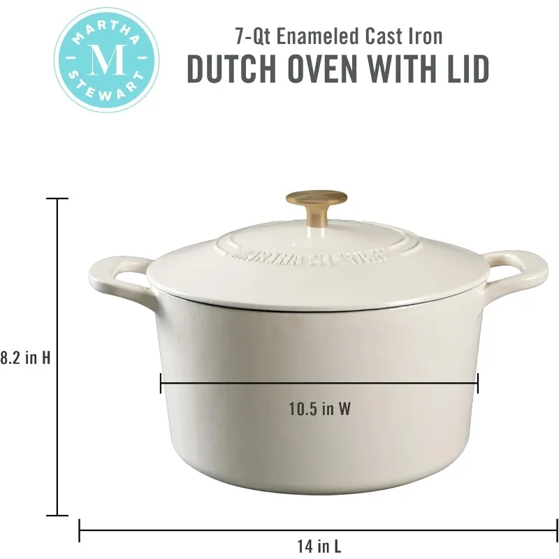 Enamel Cast Iron Dutch Oven, Linen w/Gold Knob