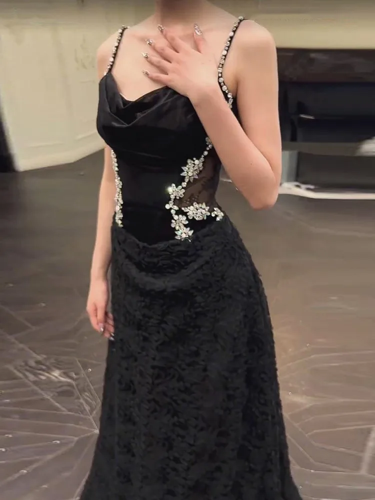 

Black Prom Dresses Spaghetti Strap Beading Slim Fit Evening Dress Homecoming Graduation Dresses Engagement Gown فساتين سهرة2024