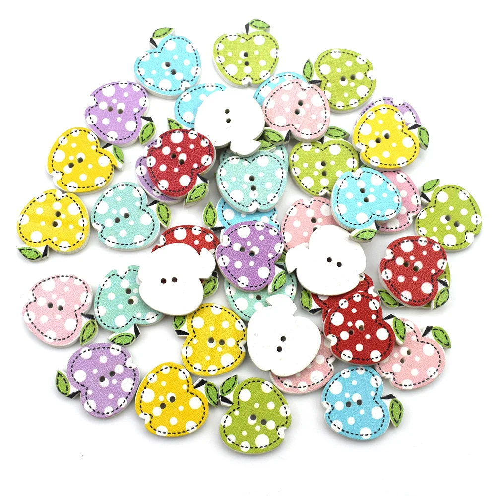 50PC 20MM Mixed Apples Pattern Wooden Buttons for Clothes Crafts Sewing Decorative Needlework Scrapbooking DIY Accessories