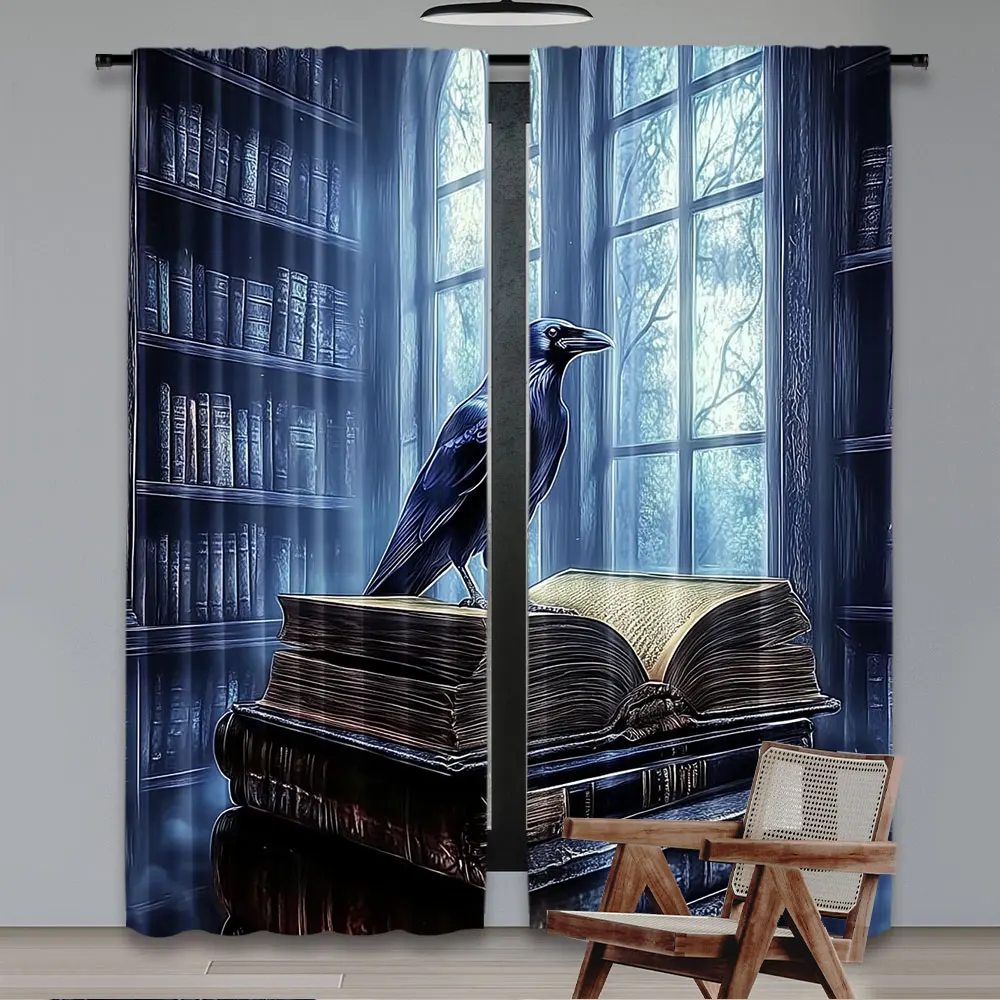 2Pcs Gothic Raven Curtains Steampunk Style Retro Bookshelf Black Crow Window Curtains For Bedroom Living Room Halloween Decor A