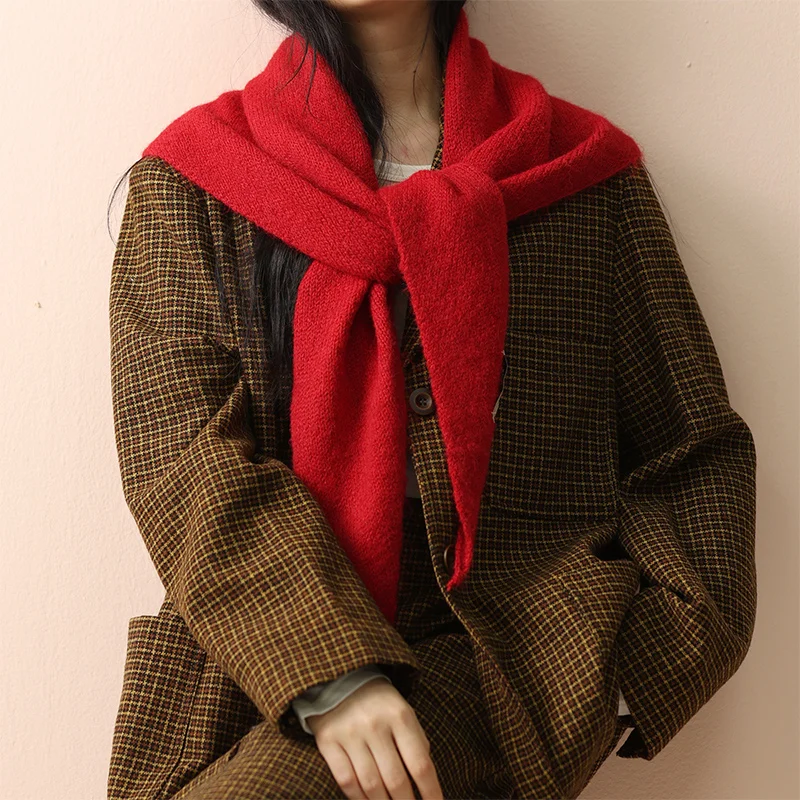 Big Size Wool Korean Style Knitted Triangular Scarf Women Winter Warm Headscarf Shawl Sold Color Neckerchief Kerchief Hijab