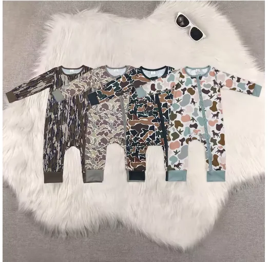 

Wholesale baby rompers kids clothes boys bamboo camouflage zipper long-sleeved romper Summer Boutique baby boy clothes