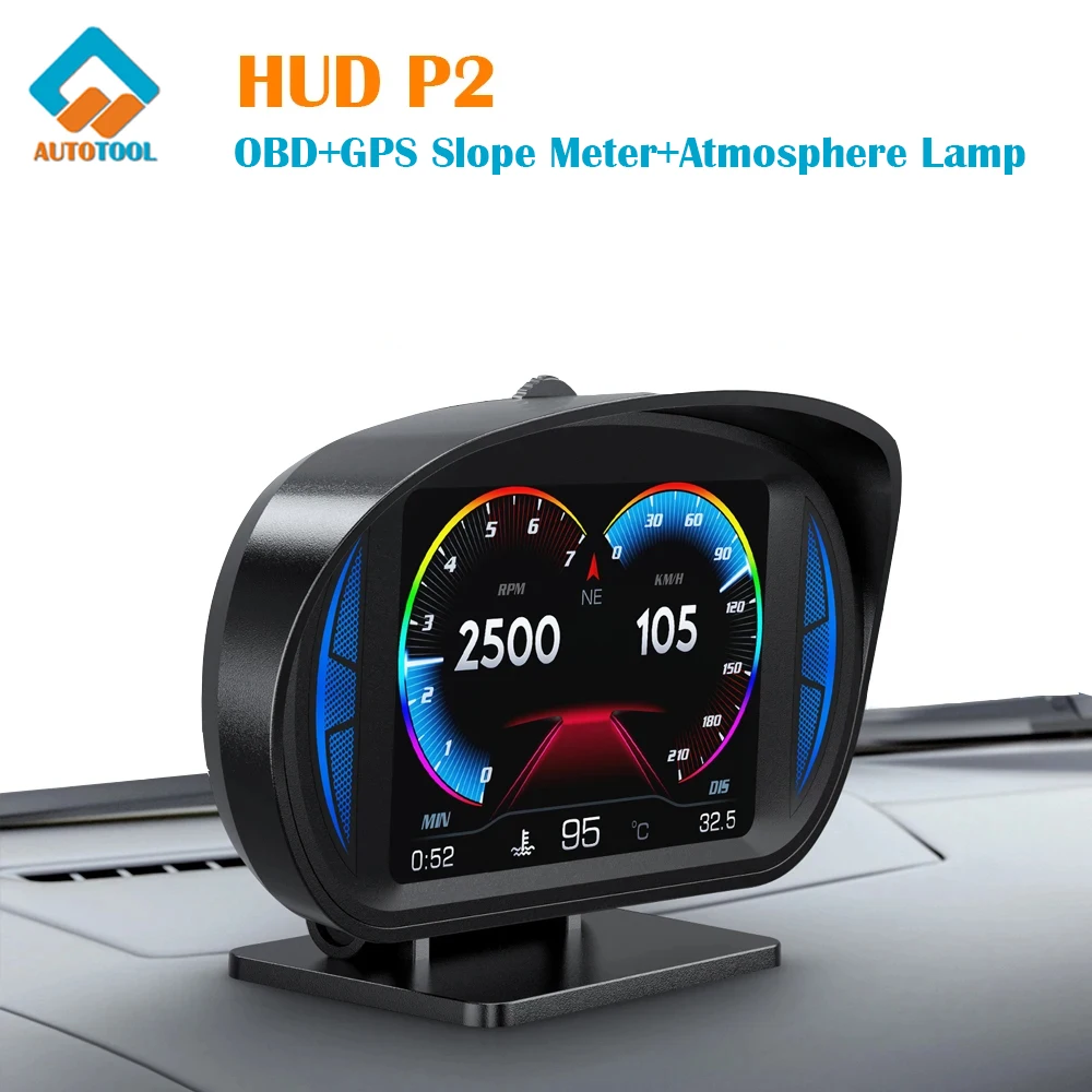 

Car Head Up Display OBD2 GPS Speedometer Overspeed Alarm P2 Dual System HUD Slope Tilt Meter Security Alarm Turbo Brake Test