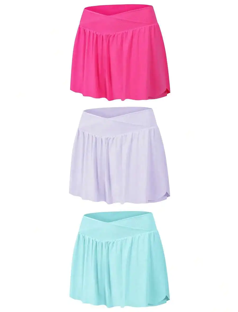 

3-Pack Girls Flowy Cross-Wrap Skirt Set - Pink, Lavender, Mint - Lightweight Sporty Dance Skirt for Kids