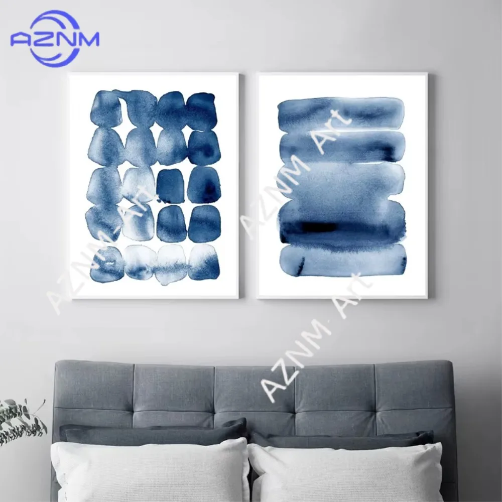 1/2pcs  Abstract Wall Art Modern Minimalist Painting Picture Navy Blue Brush Stroke Large Poster And Print Bedroom Home Decor