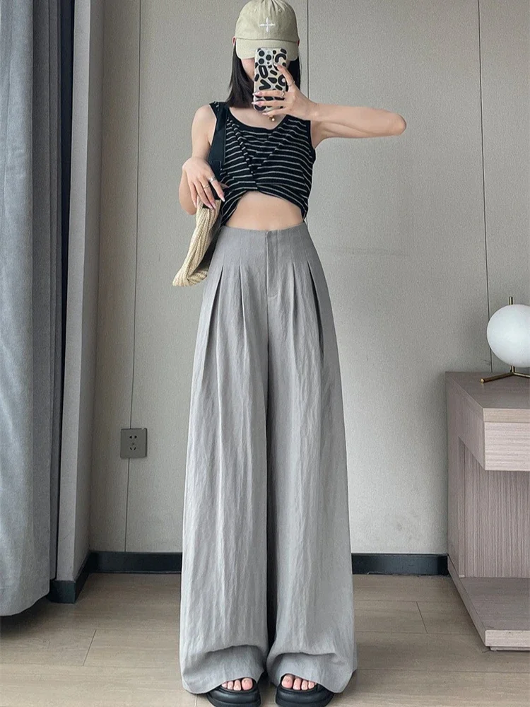 Pantaloni casual versatili da donna Pantaloni a gamba larga in lino a vita alta Pantaloni casual Yamamoto in lino di cotone di seta ghiacciata nuovo stile estivo