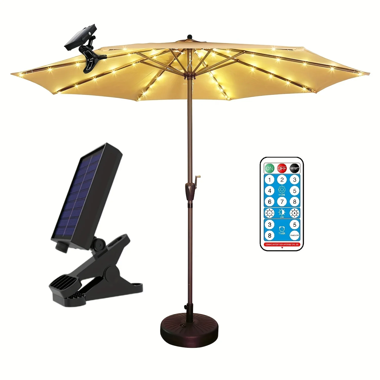 Guirxiété lumineuse solaire parapluie avec clip, 8 modes, étanche, éclairage extérieur, terrasse, jardin, décoration de fête