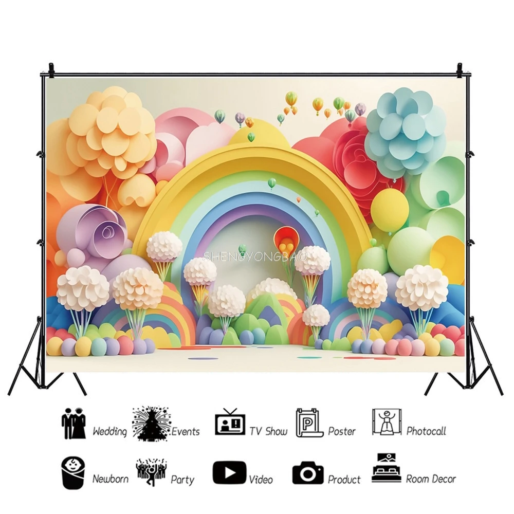 بالون ملون الطفل سنة واحدة عيد ميلاد صورة خلفيات للتصوير الفوتوغرافي اللعب الدب الزهور غرفة داخلية صورة خلفية QQ-01