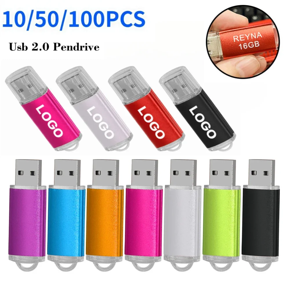 10/50/100PCS Free LOGO USB Flash Drive Colorful Metal Memory Stick 64GB Creative Gift Pen Drive 32GB Waterproof U Disk 16GB 8GB