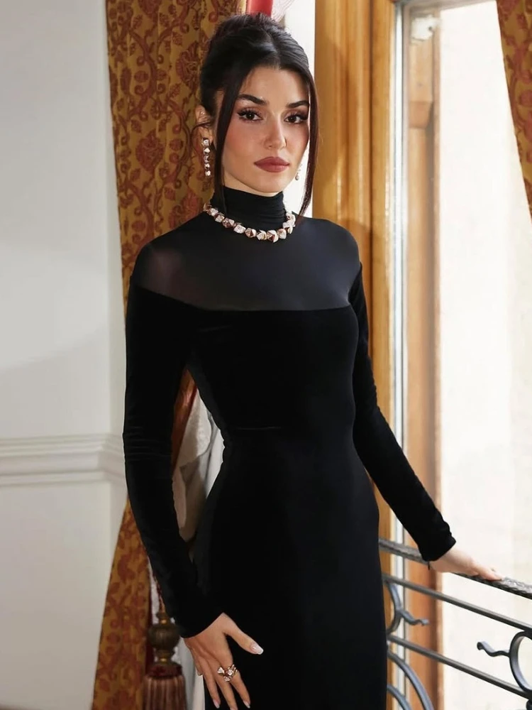 Elegant Sexy Full Sleeve See-through Long Maxi Dress for Women Mesh Patchwork Bodycon Black Evening Dresses Wedding Party Gowns