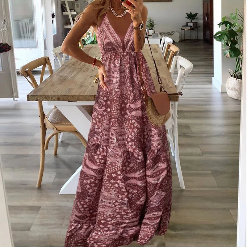 

2025 Women's Summer Boho Long Dresses Elegant V Neck Party Dresses Vintage Printed Sleeveless Sexy Slim Maxi Beach Dress Mujer