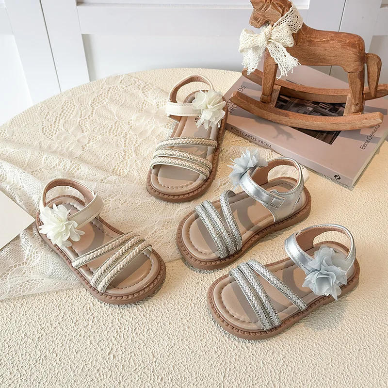 Girl Sandals Summer Fashion Kids Baby Girls Bling Rhinestone Floral Princess Single Sandals For Little Big Girl's Shoes