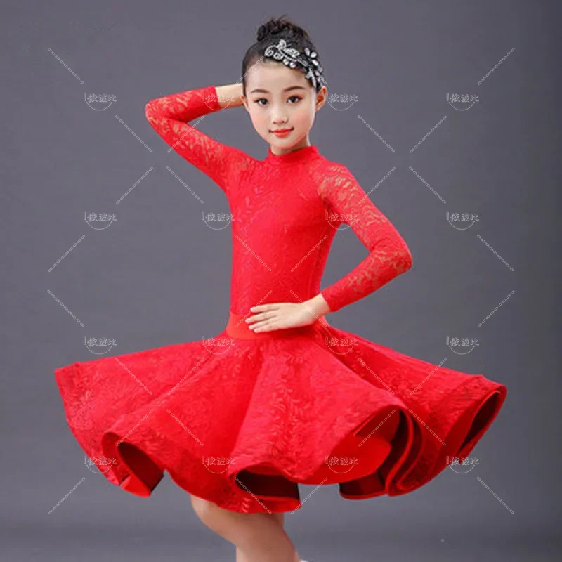 Girls Long Sleeved Latin Dance Dress, Dance Hall Salsa Tango Dress, Children's Lace Latin Dance Slit Dress and Skirt