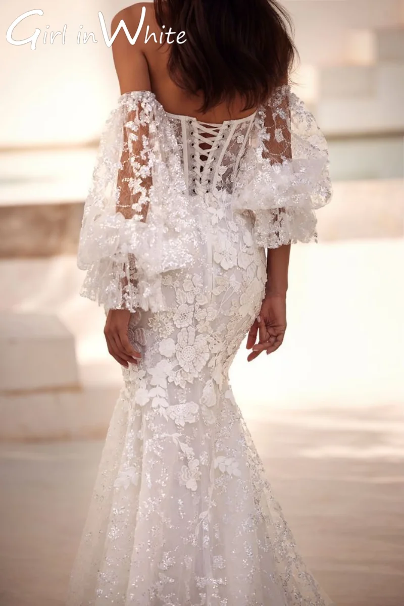 Vestido de novia personalizado de sirena con hombros descubiertos, Apliques de encaje, vestido de novia de manga larga con espalda descubierta, vestidos de novia