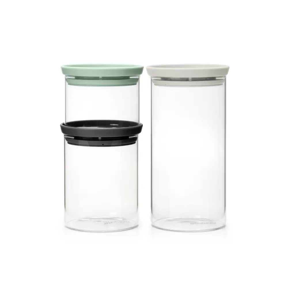 

3pc Stackable Glass Food Jars Mixed Colors 0.08 0.16 0.3 Gal HeatSafe, DishwasherSafe, AirTight Pantry Organizers