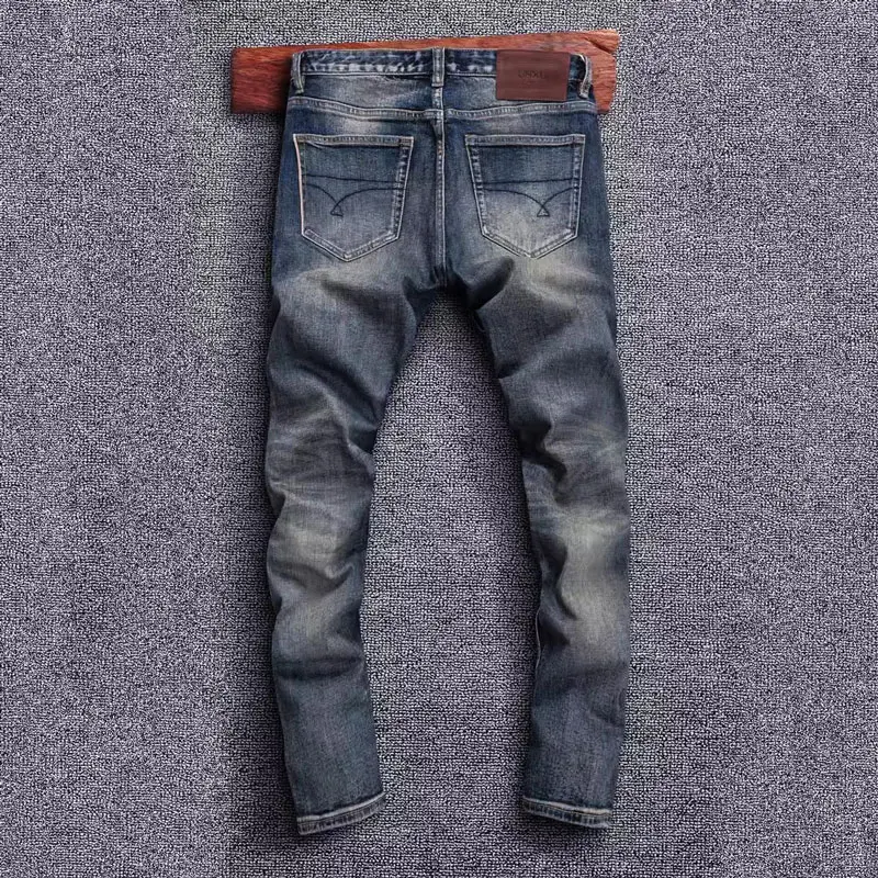 Fashion Vintage Men Jeans High Quality Retro Washed Blue Stretch Slim Fit Designer Jeans Men Red Line Selvedge Denim Pants Homme