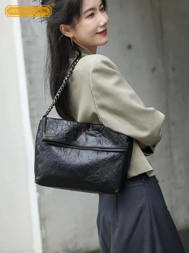 

Designer Women Hasp Cowhide Genuine Leather Shoulder Crossbody Underarm Bags Chain Satchels Fashion Female Vintage Soft Leather