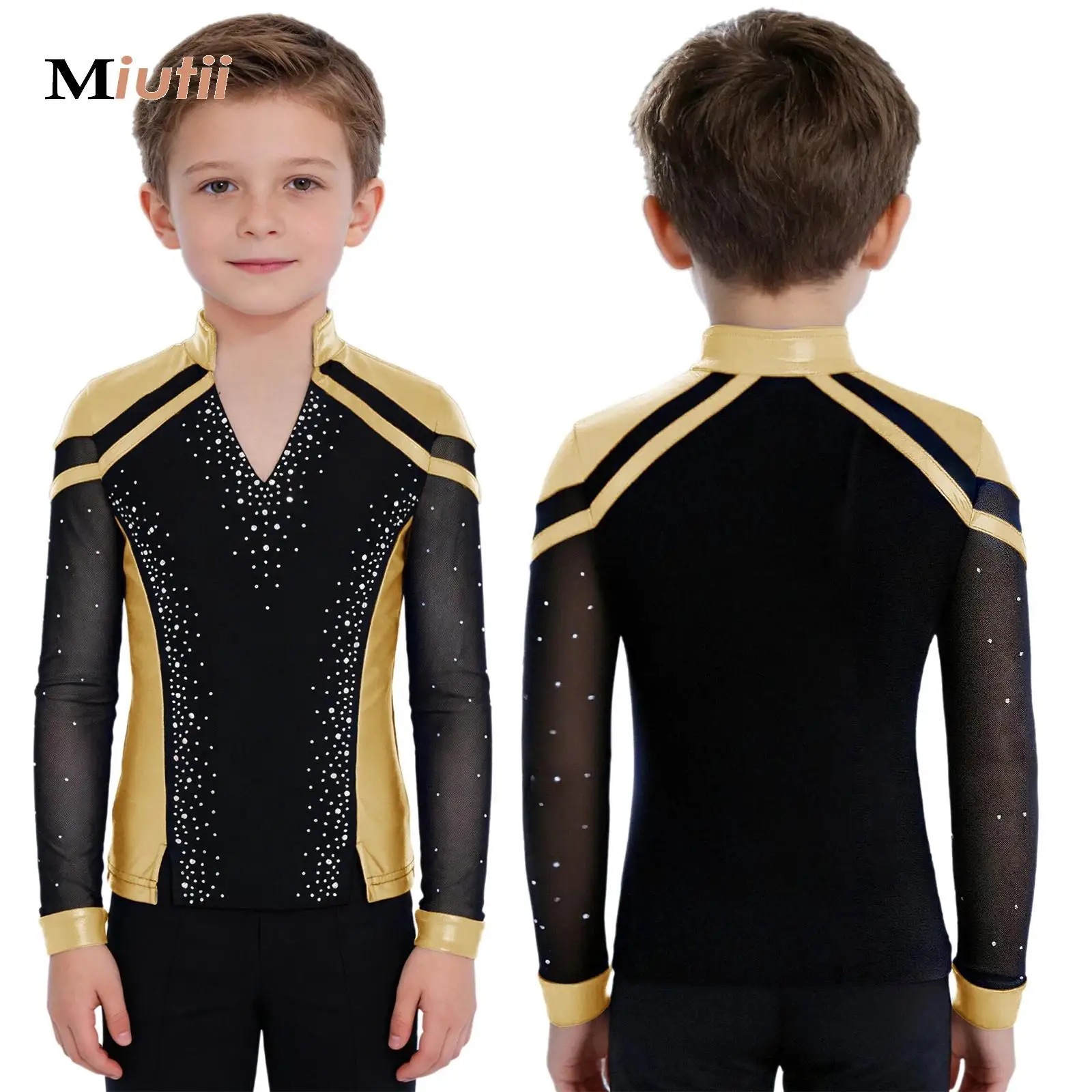 

Kids Boys Figure Skating Long Sleeve Split Hem Shiny Rhinestones Metallic Color Block Top Ballet Yoga Dance Competition Costume