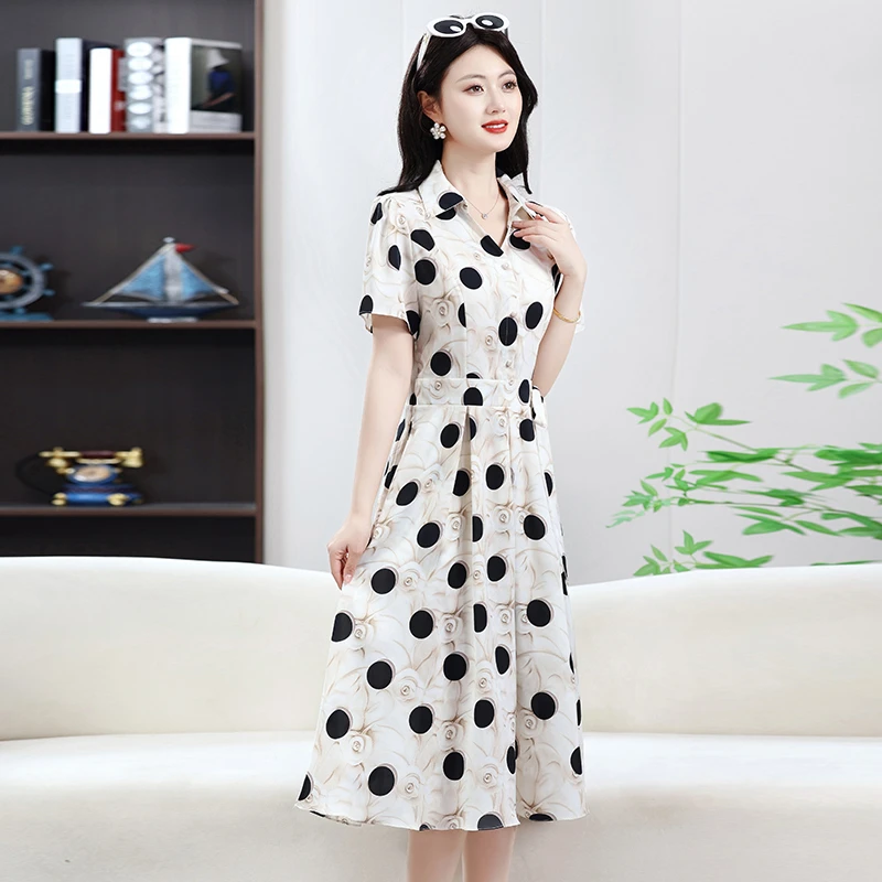 Novo vestido feminino com gola de camisa de bolinhas, emagrecimento, linha a, manga curta, cintura, verão, elegante, sensação de moda