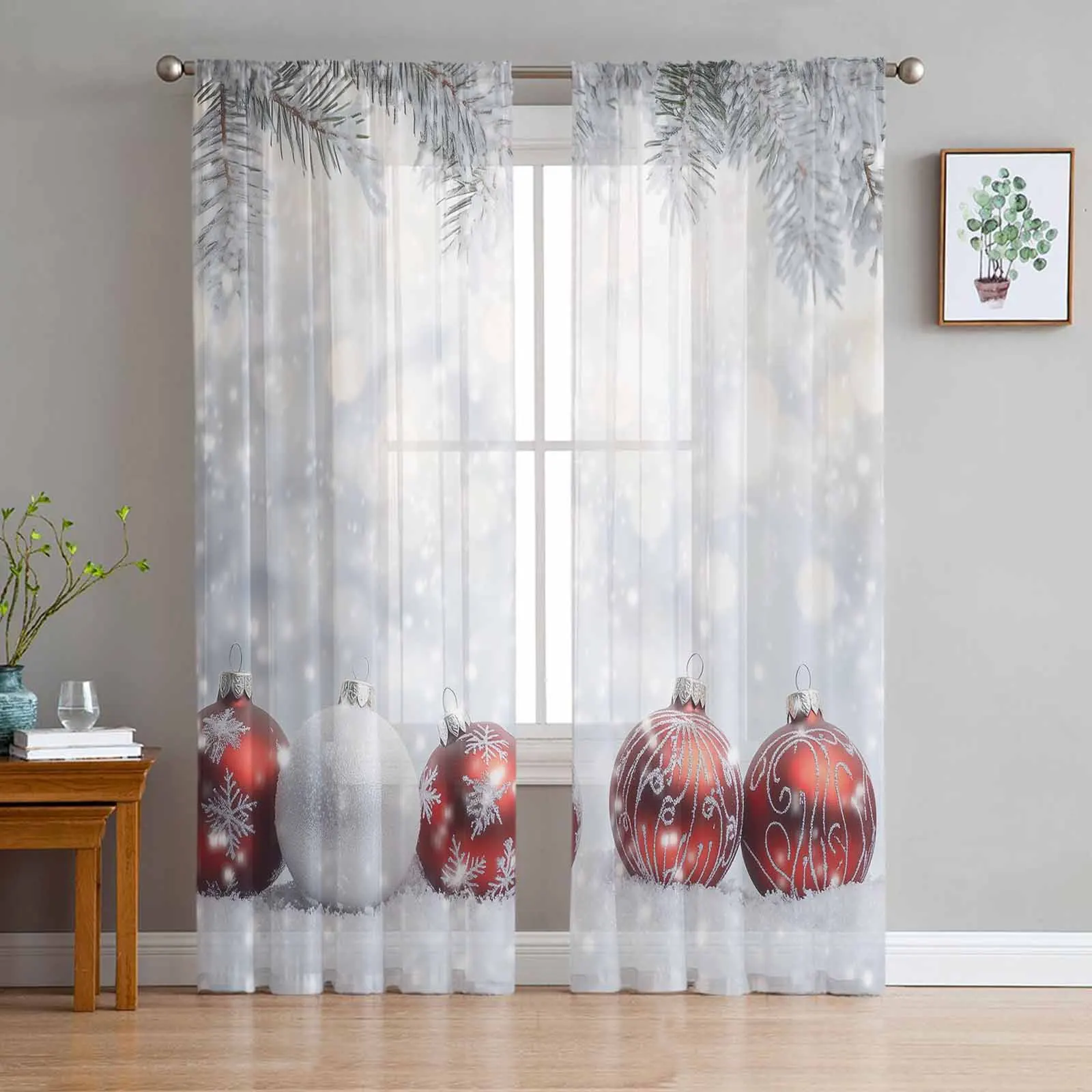 Christmas Snowball Curtains For Living Room Bedroom Home Decoration Window Voile Tulle Curtain Drapes