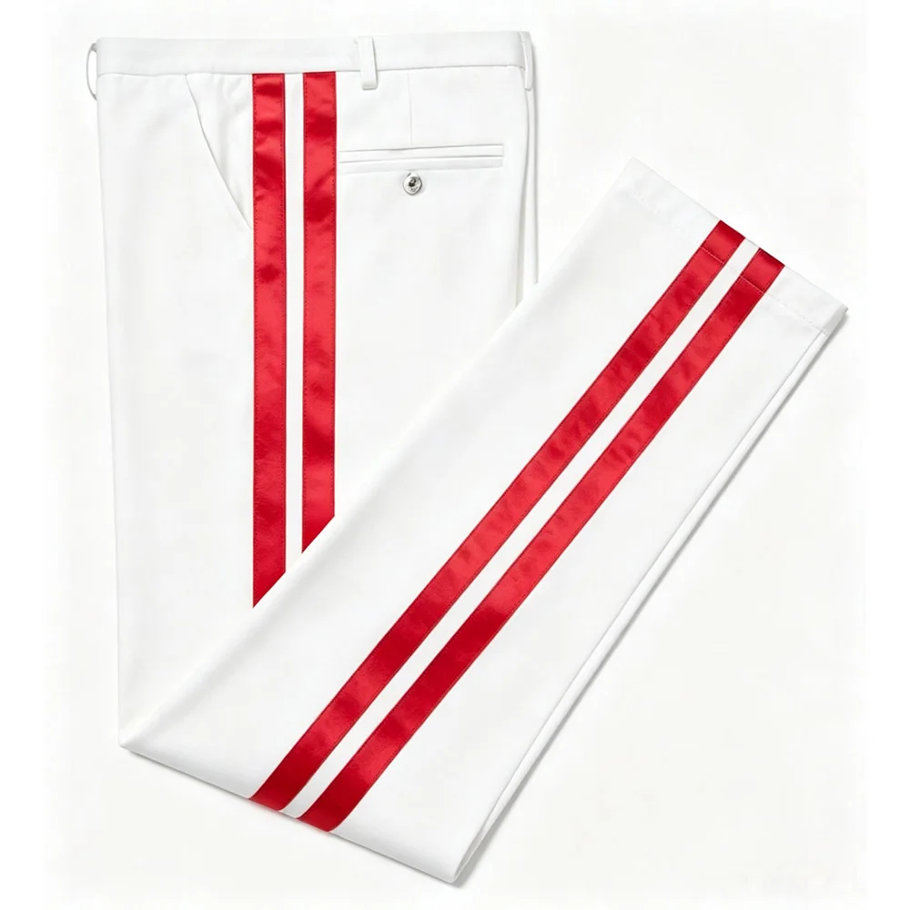 Gold Double stripe Men's Tuxedo Dress Pants Flat Front Satin Band Trousers Suits pant Pinstripe Trouser