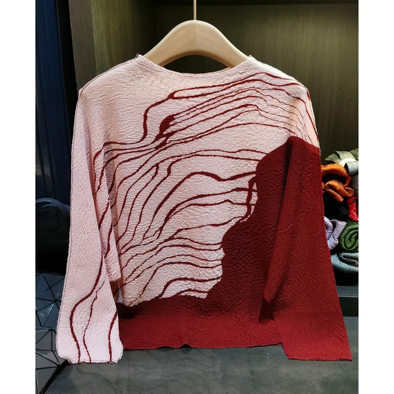 

Miyake плиссированная футболка с длинными рукавами, женская свободная линия, пуловер с цветными блоками, одинаковые топы с рукавами «летучая мышь», женская нижняя рубашка