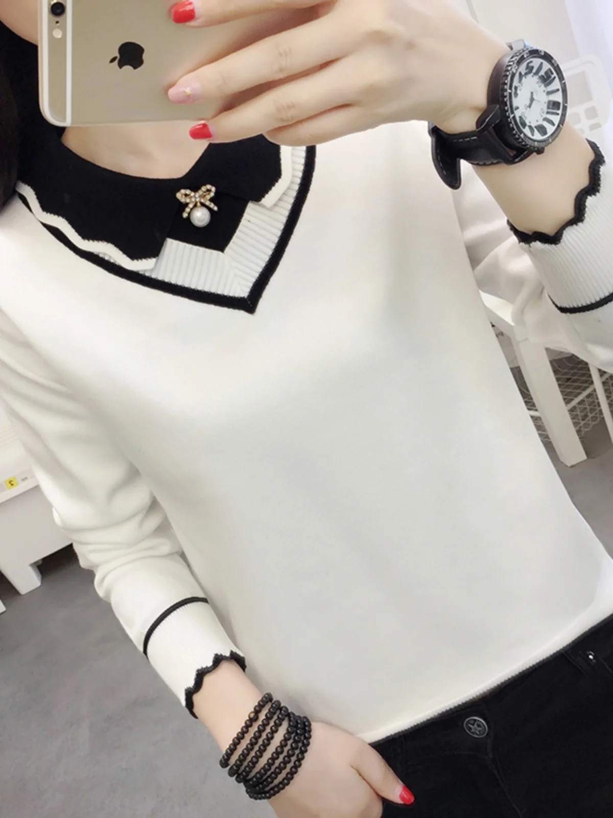 Autumn Winter Women's Knitted Sweater Fake Two-Piece Base irt Sweet Sle Slim Fit Long Sve  Collar Ultra ort Length