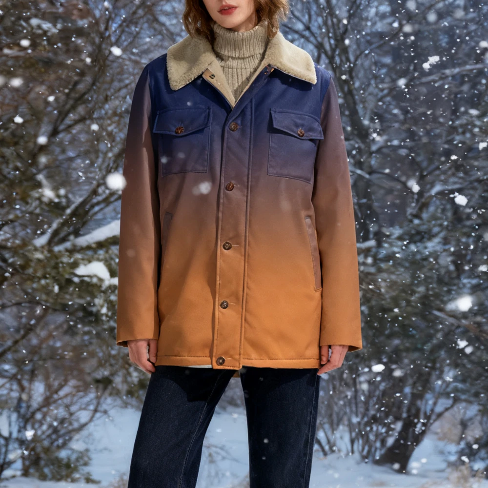 Men's Gradient Color Jacket with Soft Fleece Collar Multi-Pocket Button Up Coat for Autumn Winter warm Casual Chic Outerwear