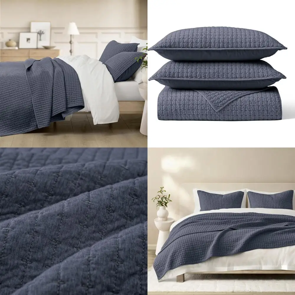 لحاف جيرسي قطني بحجم كينج مع نمط غرزة الأرز باللون الأزرق الداكن، بما في ذلك وسادتين شامز - ناعمة ومسامية وجميعها #1