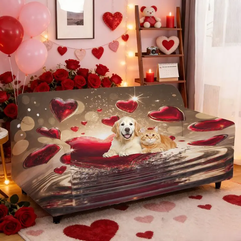 

Чехол для дивана на День святого Валентина, эластичный, с романтичным узором в виде сердец, машинная стирка, чехол для дивана с подлокотниками