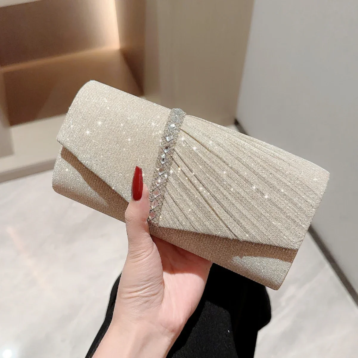 Ladies Glitter Silver Clutch Bag Envelope Evening Bag Fashion Elegant Long Purse Women Chain Shoulder Bags Wedding Party Handbag