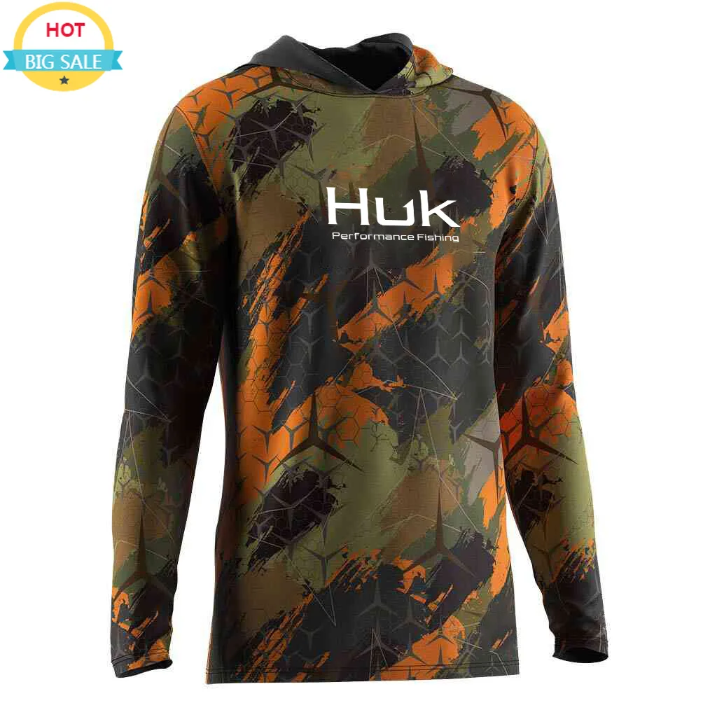 

HUK Мужская рыбалка - цветная полосатая 3D-печать - защита от ультрафиолета, легкая повседневная уличная одежда с капюшоном