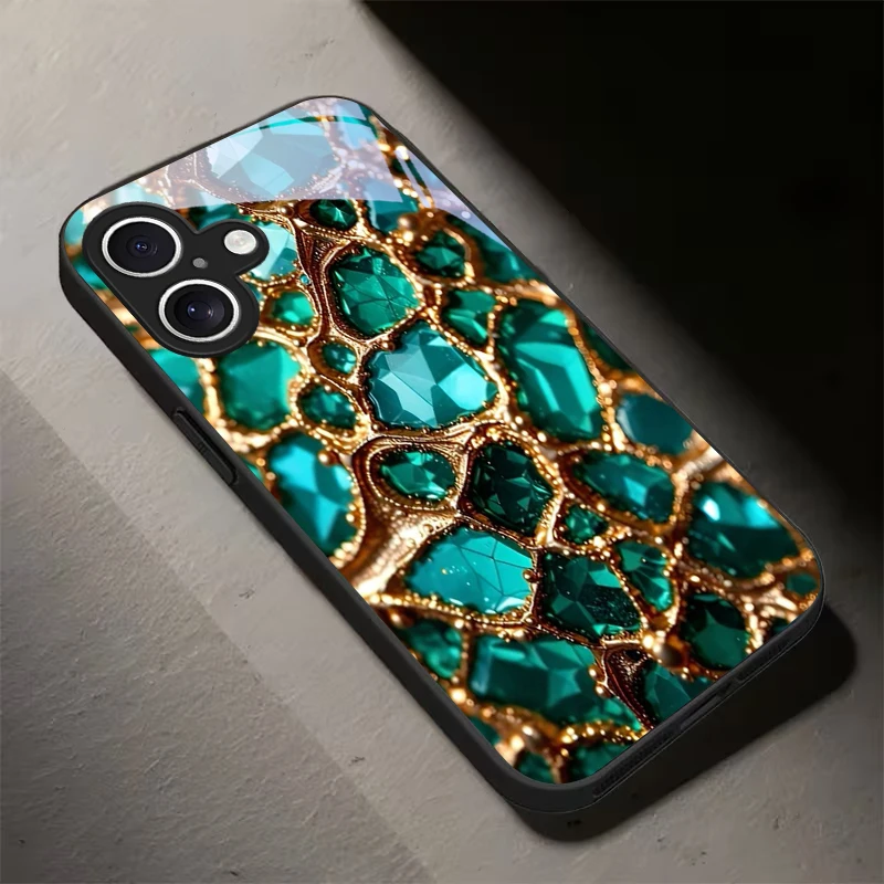 Luxury Green Gem Golden Black Glass Phone Case For iPhone 18 17 Air 16 E 15 Plus 14 Pro Max 13 12 mini 11 7 8 Plus X Black Cover