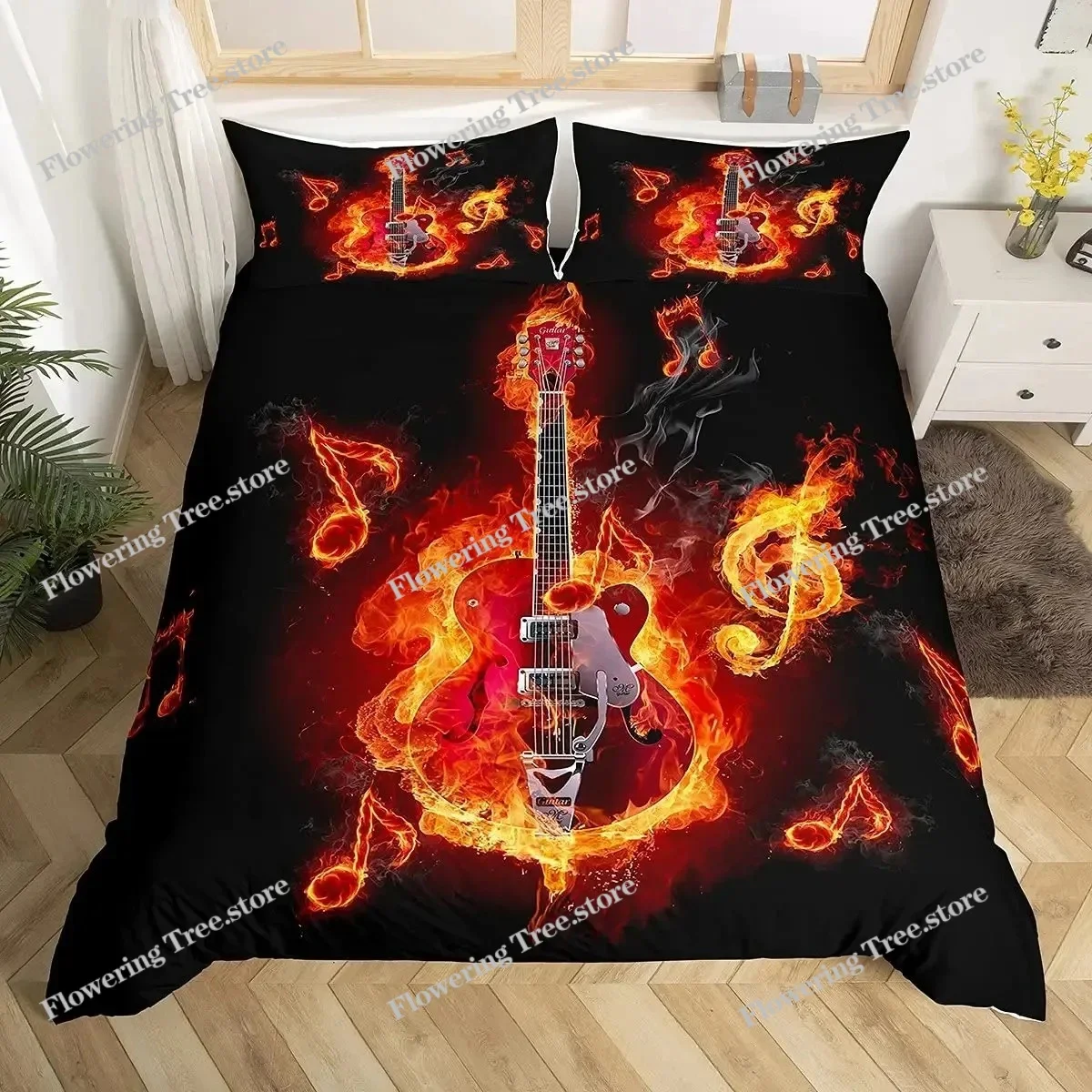 

Music Guitar Duvet Cover King Queen Black White and Grey Graffiti Bedding Set Musical Notes Comforter Cover Musical Quilt Cover