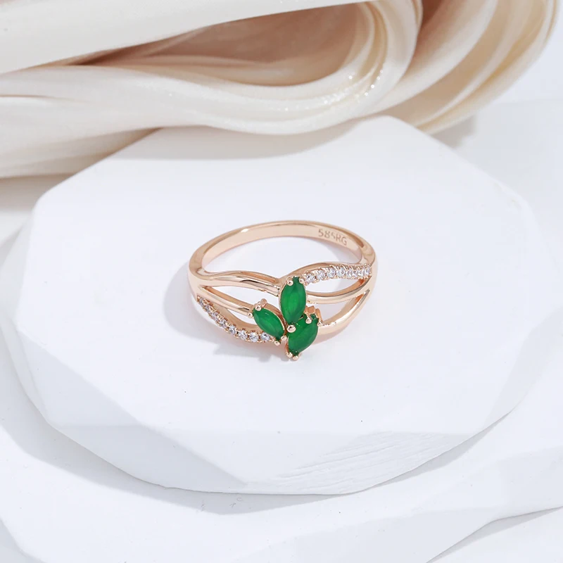 SYOUJYO Green Leaf Natural zircone anelli alla moda per le donne 585 Rose Gold Color Fine Jewelry Vintage Party diserbo anelli di lusso