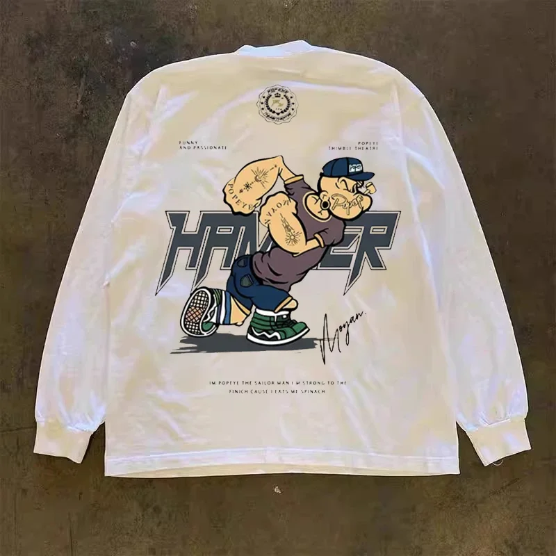 ヘビーウェイト300g純綿長袖tシャツ-ストリートスタイル-アメリカンレトロ-オーバーサイズ-レタリング-カジュアルファッション-トップス