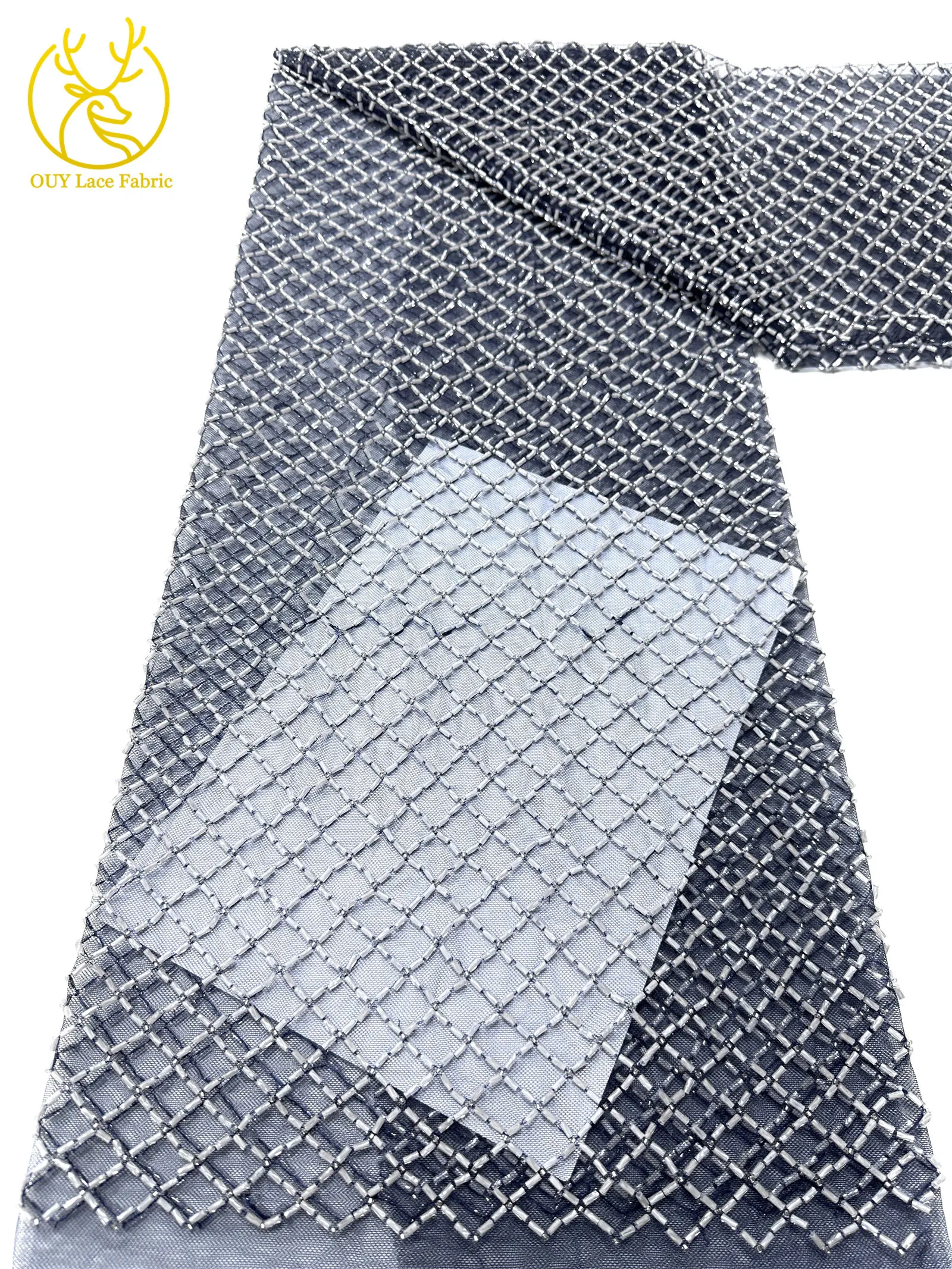 Luxuriöser französischer Perlenstickerei-Spitzenstoff 2026 – Französische Bugle-Perlen auf Mesh-Tüll-Spitze, nigerianisch, für Damen-Abendkleider, Nähmaterial, 5 Yards – Detail 23
