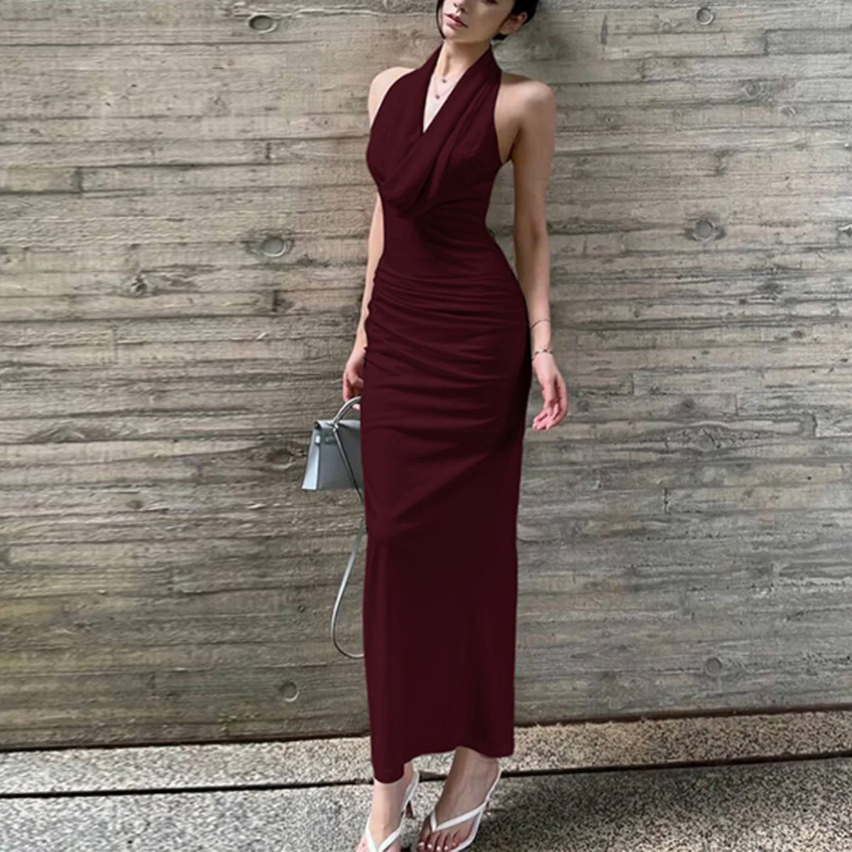 Modisches Langes Kleid mit Schwingkragen, Rückenfreies Gerafftes Schmales Neckholder-Kleid, Sexy Elegante Damenkleidung für Party, Club, Bankett, Trendige Mädchenkleider