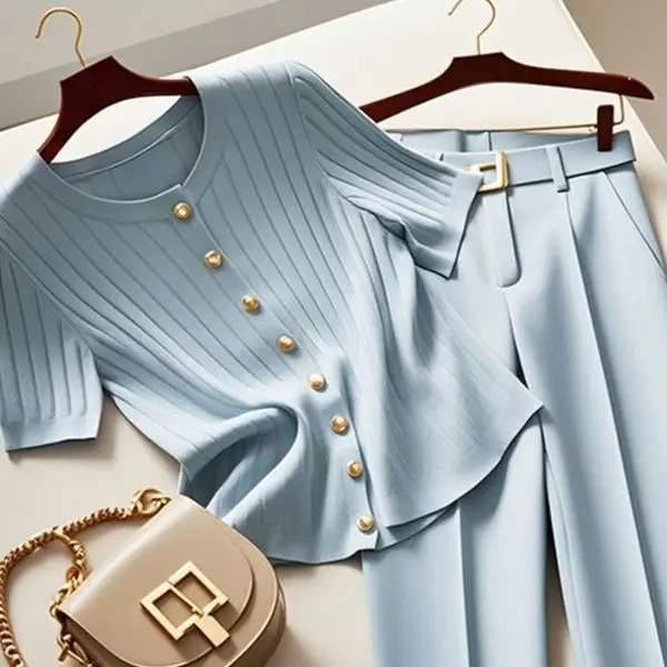 جديد الراقية موضة 2 قطعة مجموعة للمرأة أنيقة س الرقبة قصيرة الأكمام سترة مشغولة من الصوف أعلى + عالية الخصر مستقيم السراويل دعوى