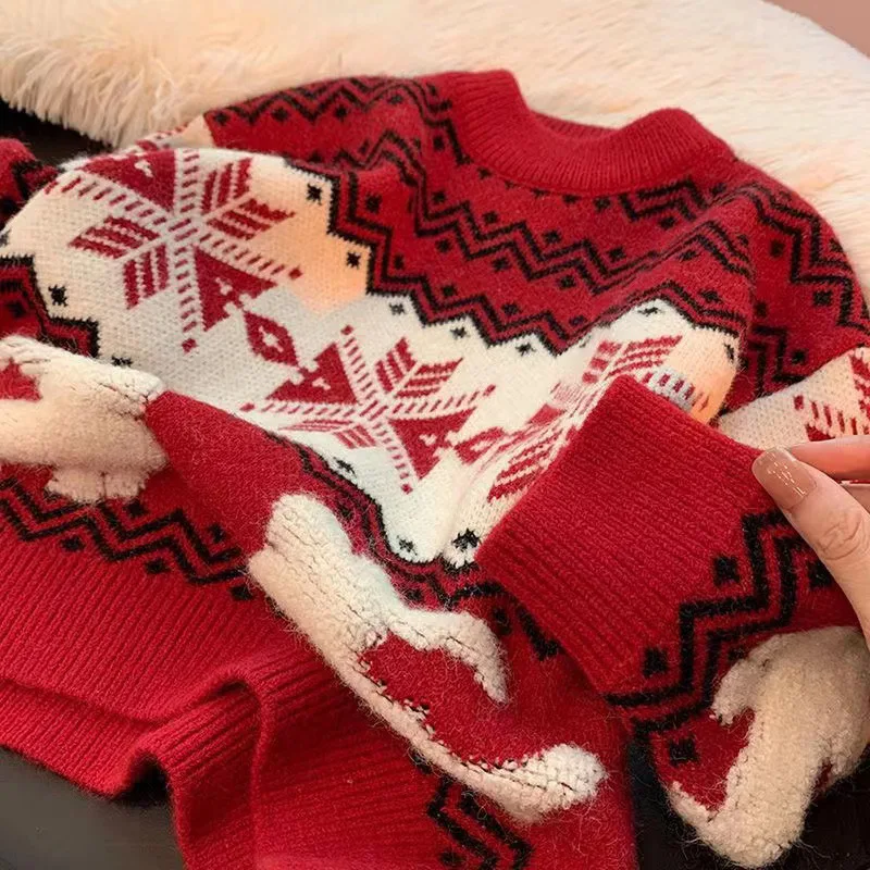 

Children Girls Sweater Winter Contrast Infant Baby Girl Pullovers Loose Sweet Snow Toddler Kid Girl Knitwear Infant Girl Red Top