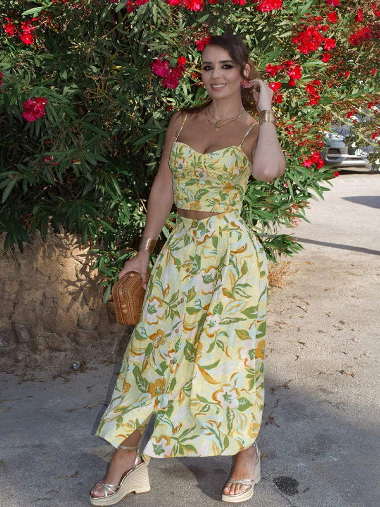 

HH женский комплект из 2 предметов, летний сексуальный короткий топ без рукавов с открытой спиной и принтом на подтяжках + шикарная тонкая юбка миди с высокой талией и пуговицами