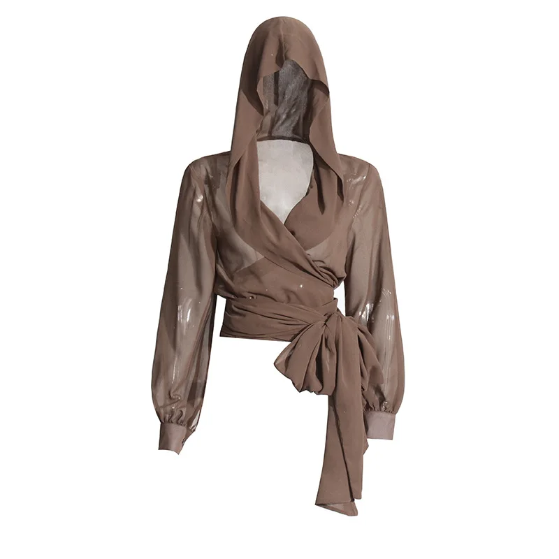 

SuperAen European and American Style Hooded Shirt 2025 New Lace-up Design Waist Top Women