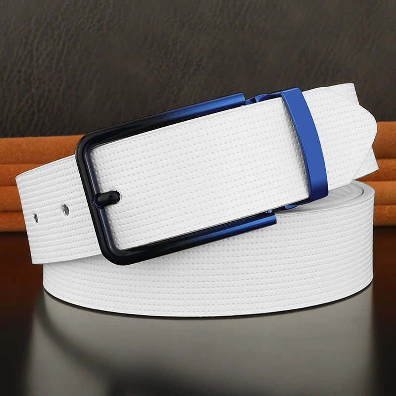 Fashion blue pin buckle belts men high quality brand luxury white genuine leather cowhide casual young boy jeans ceinture homme