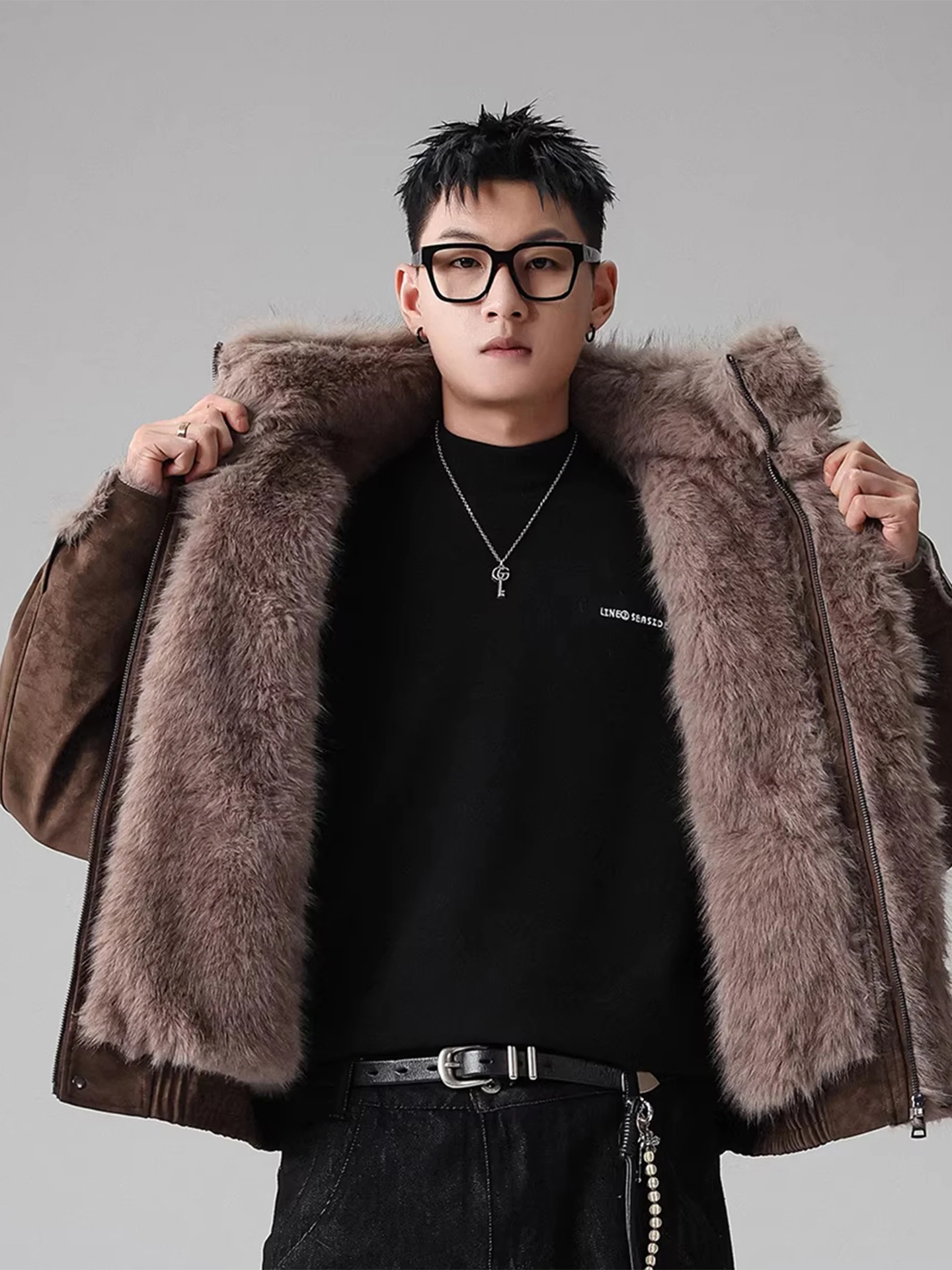 

Men's Thiened Fce Lined Stand Collar Cotton Jaet Winter Warm PU Leather Fur Inteated Outerwear Stand Fit Long Sle...