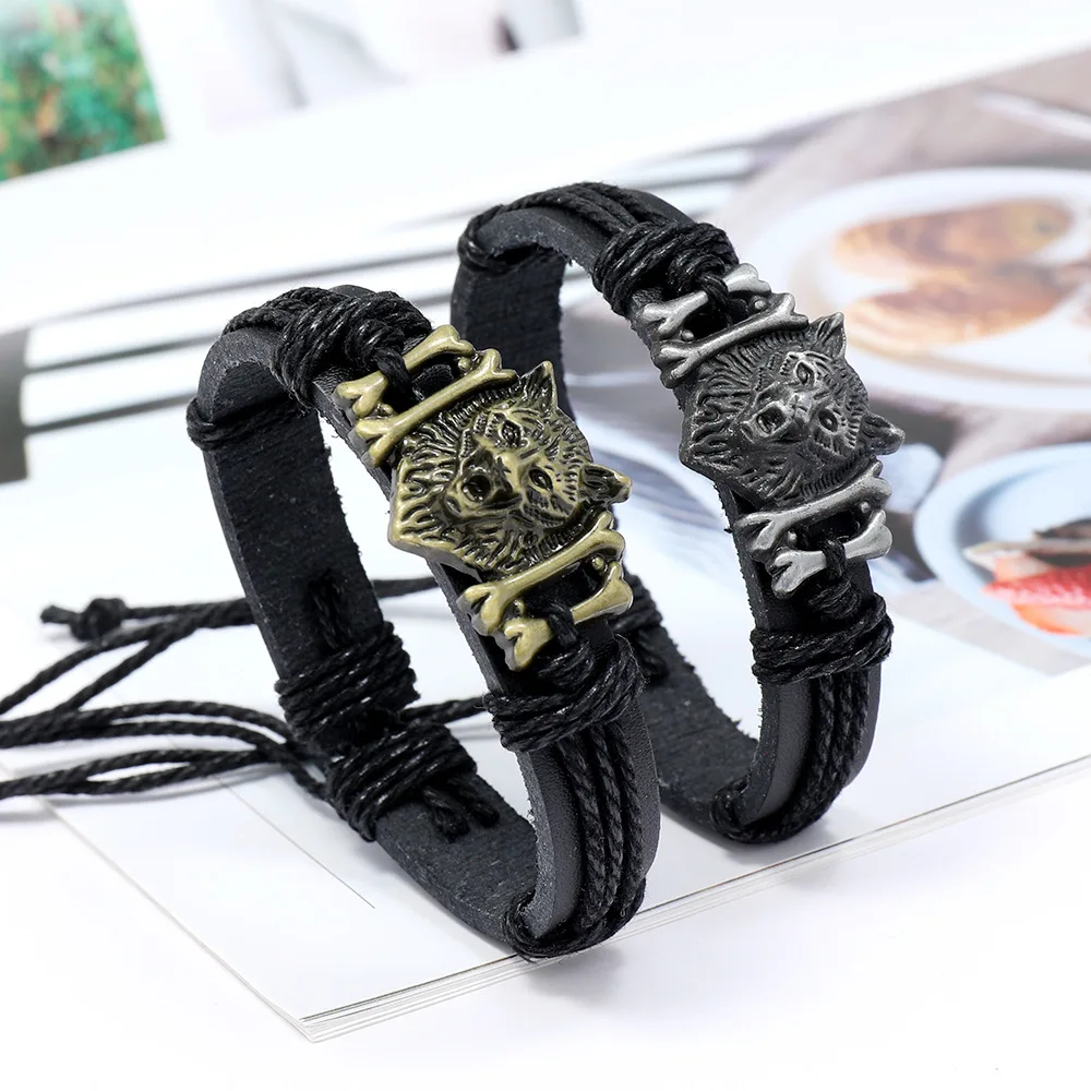 Vintage Woven Leather Bracelet Bracelet Cord Alloy Wolf Head Cowhide Bracelet